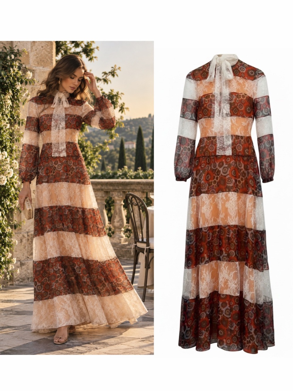 Valentino Resort 2016 Multicolor Lace Chiffon Patchwork Maxi Dress S Rare EUC 🟠